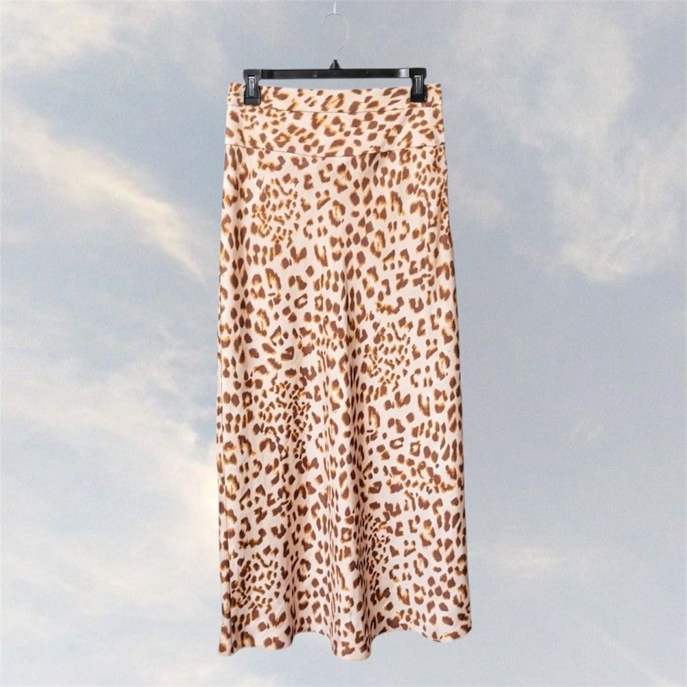 Free People Leopard Print Satin Maxi Skirt Tan Brown Size 4 Animal Print Boho